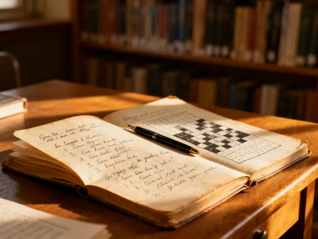 Otwarty notatnik z odręcznymi ćwiczeniami gramatycznymi na drewnianym biurku w przytulnej bibliotece.