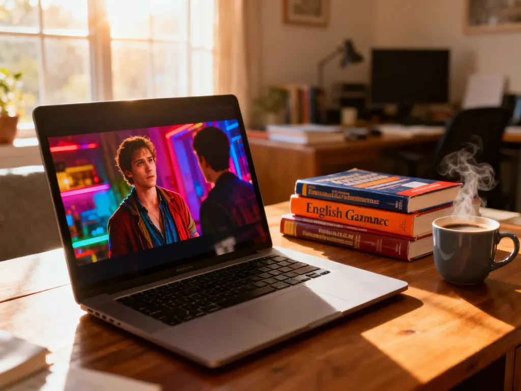 Otwarty laptop z filmem na biurku obok książek do angielskiego i kawy, tworzący przytulną atmosferę do nauki języka.