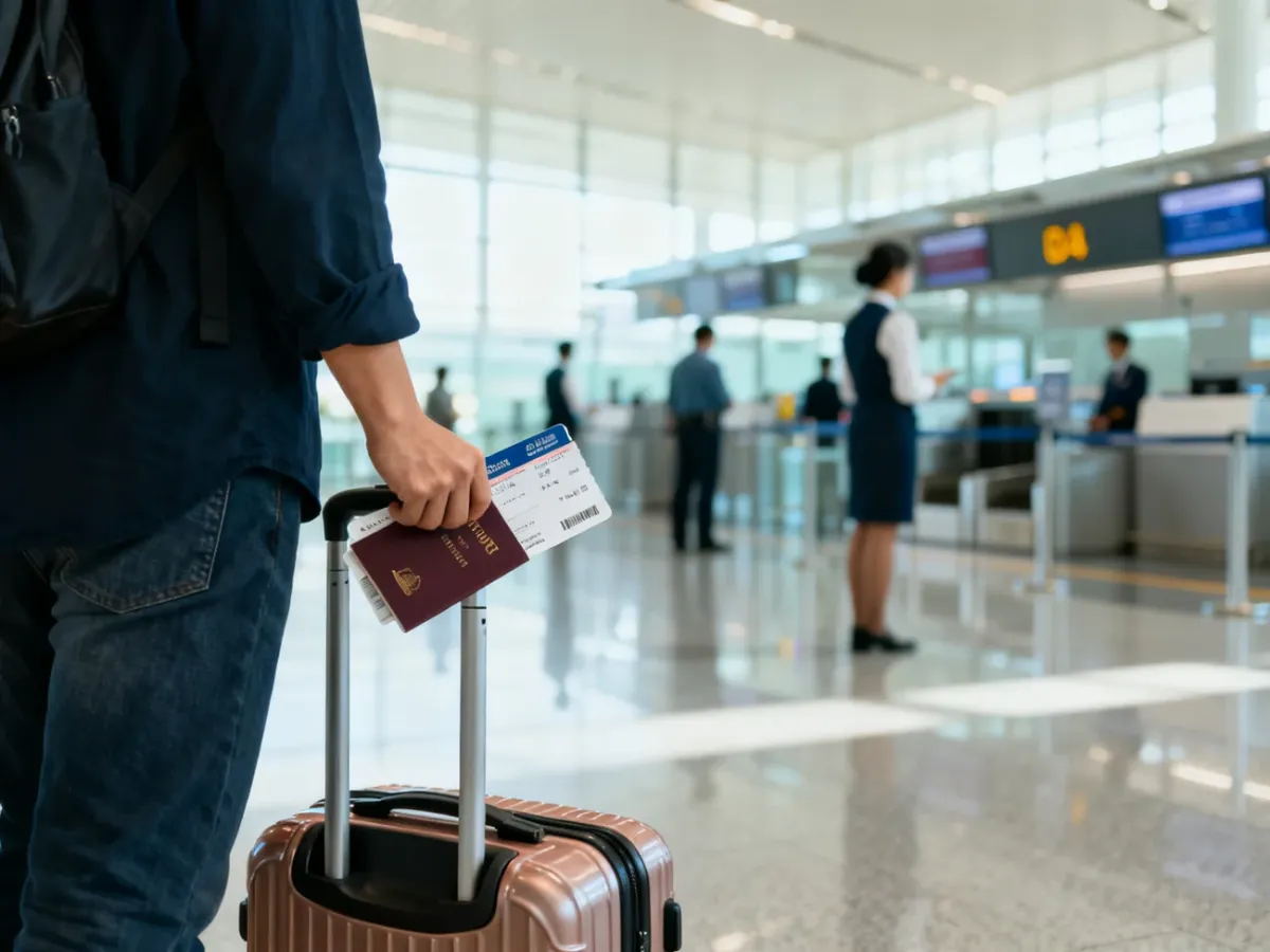 Podróżny z paszportem i kartą pokładową w hali odlotów