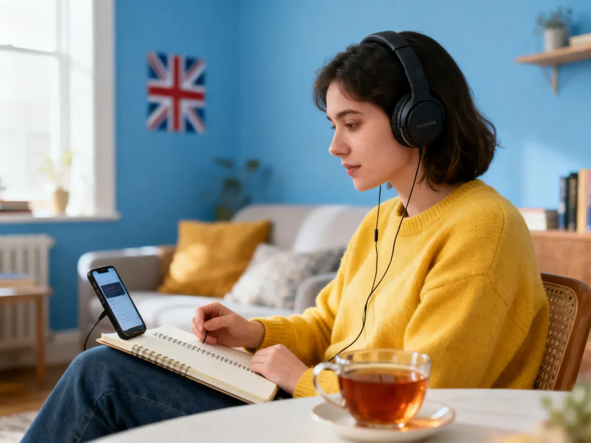 Początkujący uczeń słucha podcastu do nauki angielskiego