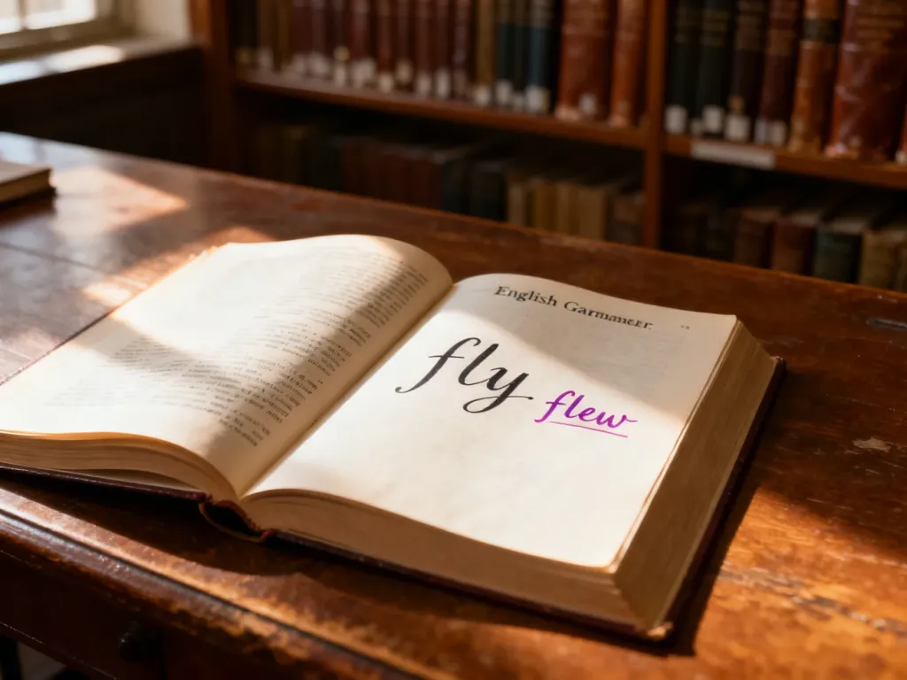 Otwarta stara książka do gramatyki z odręcznie zapisaną formą czasu przeszłego słowa „fly” na drewnianym biurku.