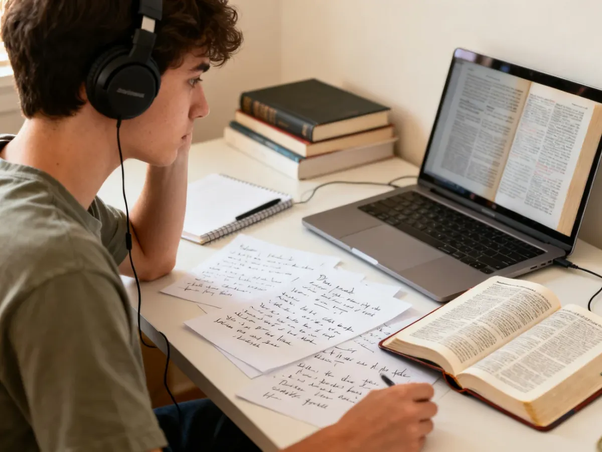 Osoba ucząca się angielskiego aktywnie słucha podcastu i robi notatki przy biurku