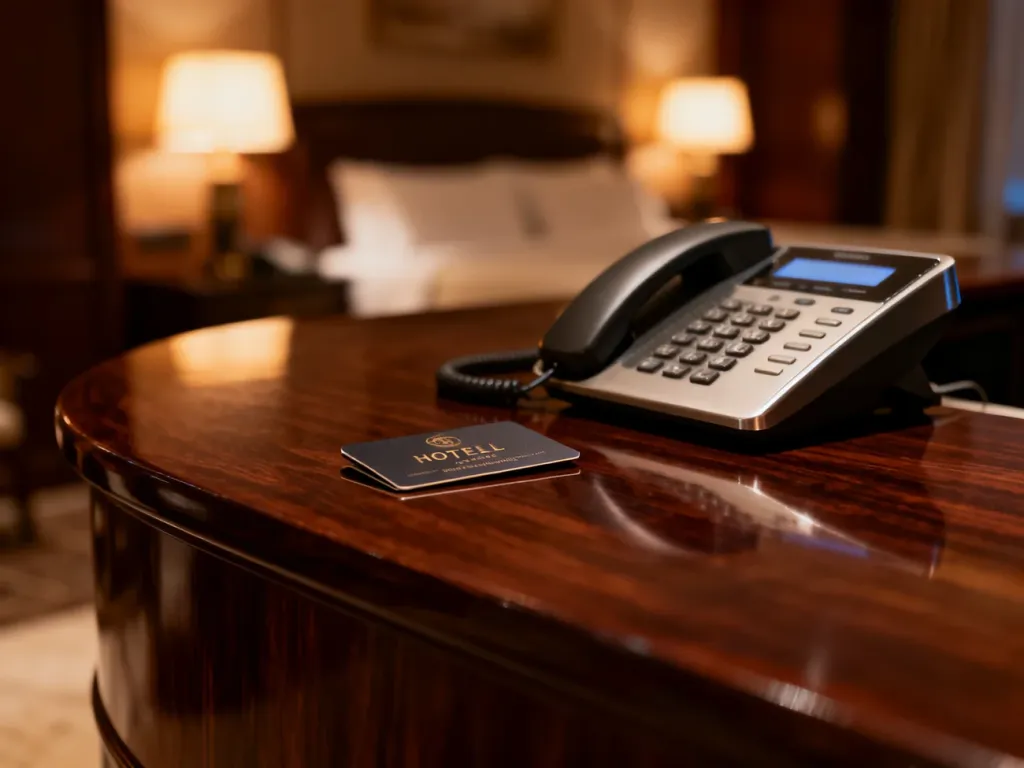 Elegancka recepcja hotelowa z kartą dostępu i telefonem, zapraszająca do zgłaszania uwag dotyczących pobytu.