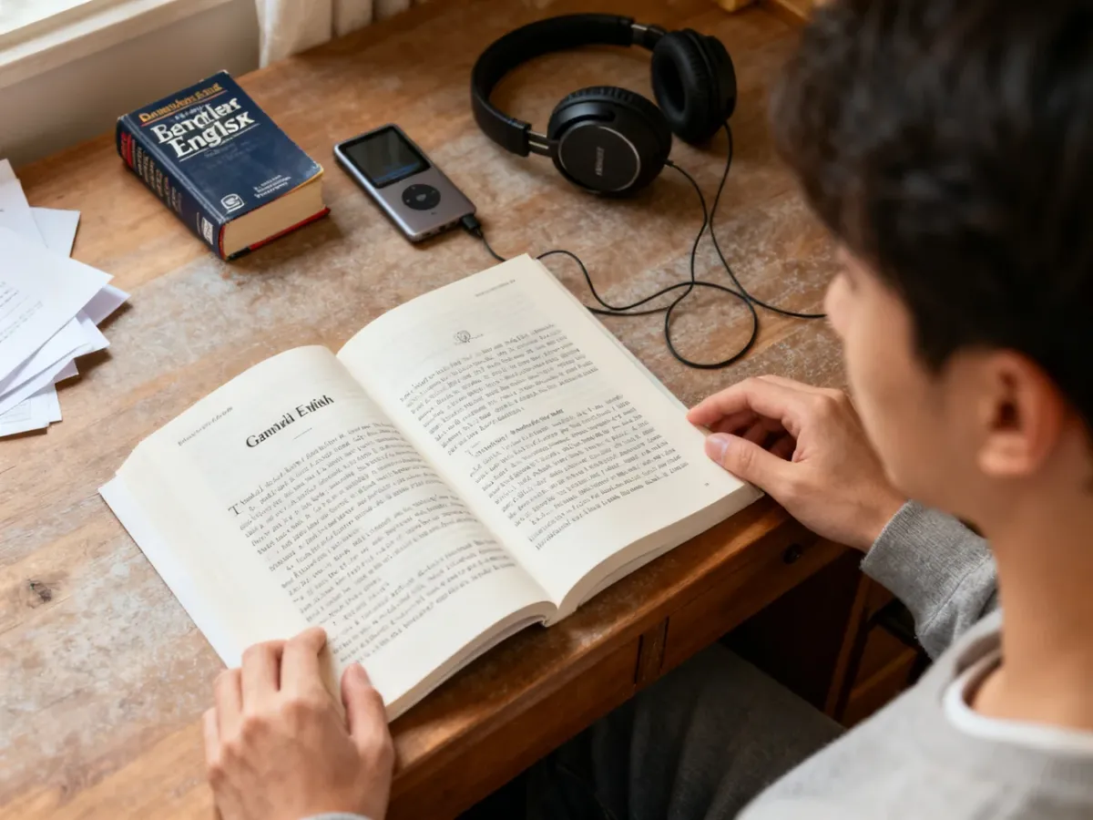 Początkujący czytelnik uczy się angielskiego z książką, słownikiem i audiobookiem