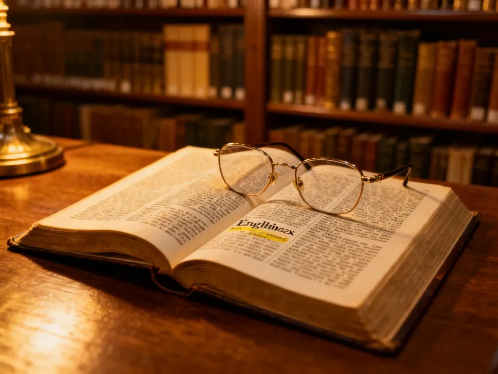 Otwarte słownik angielski z okularami na drewnianym biurku w przytulnej bibliotece, ilustrujący naukę przymiotników.
