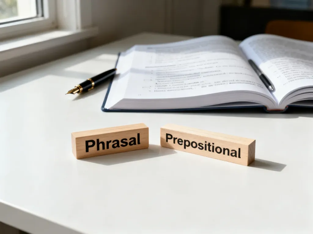 Drewniane klocki z napisami „Phrasal” i „Prepositional” na tle podręcznika do nauki gramatyki języka angielskiego.