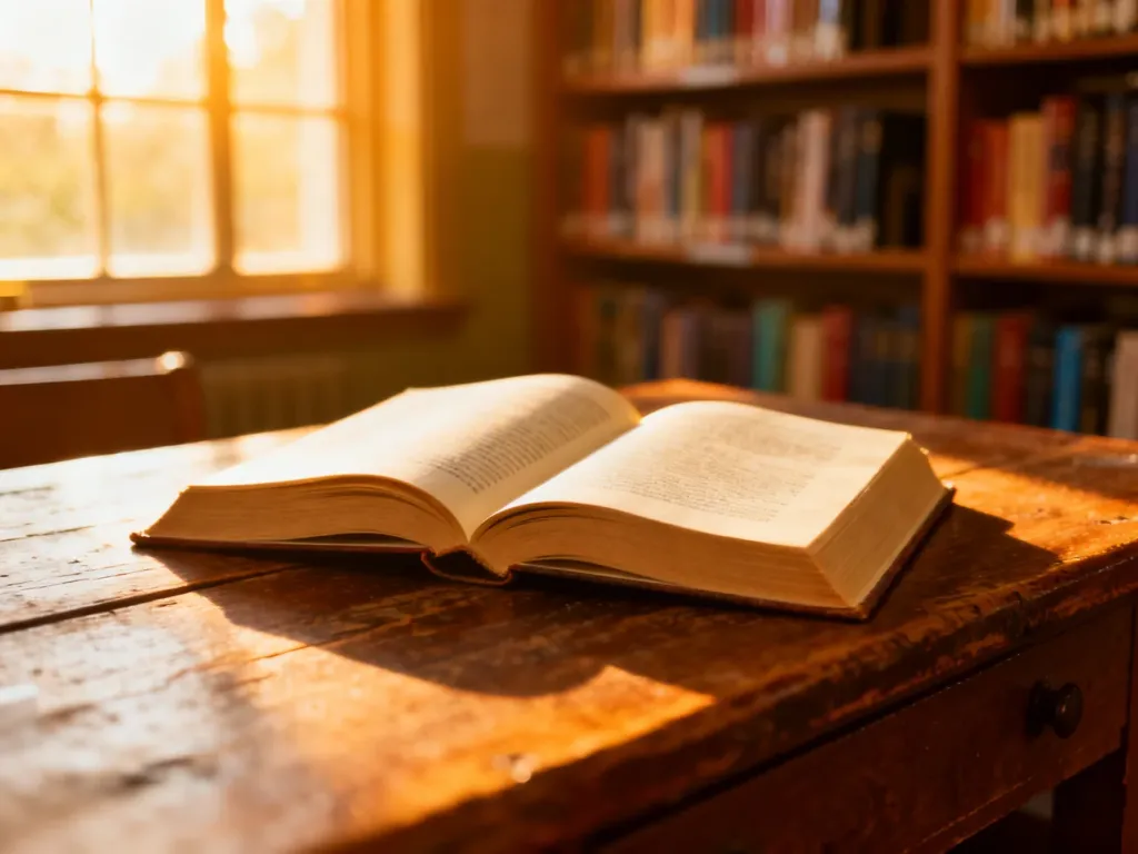 Otwarta książka na drewnianym biurku w przytulnej bibliotece, zachęcająca do nauki czytania w języku angielskim.