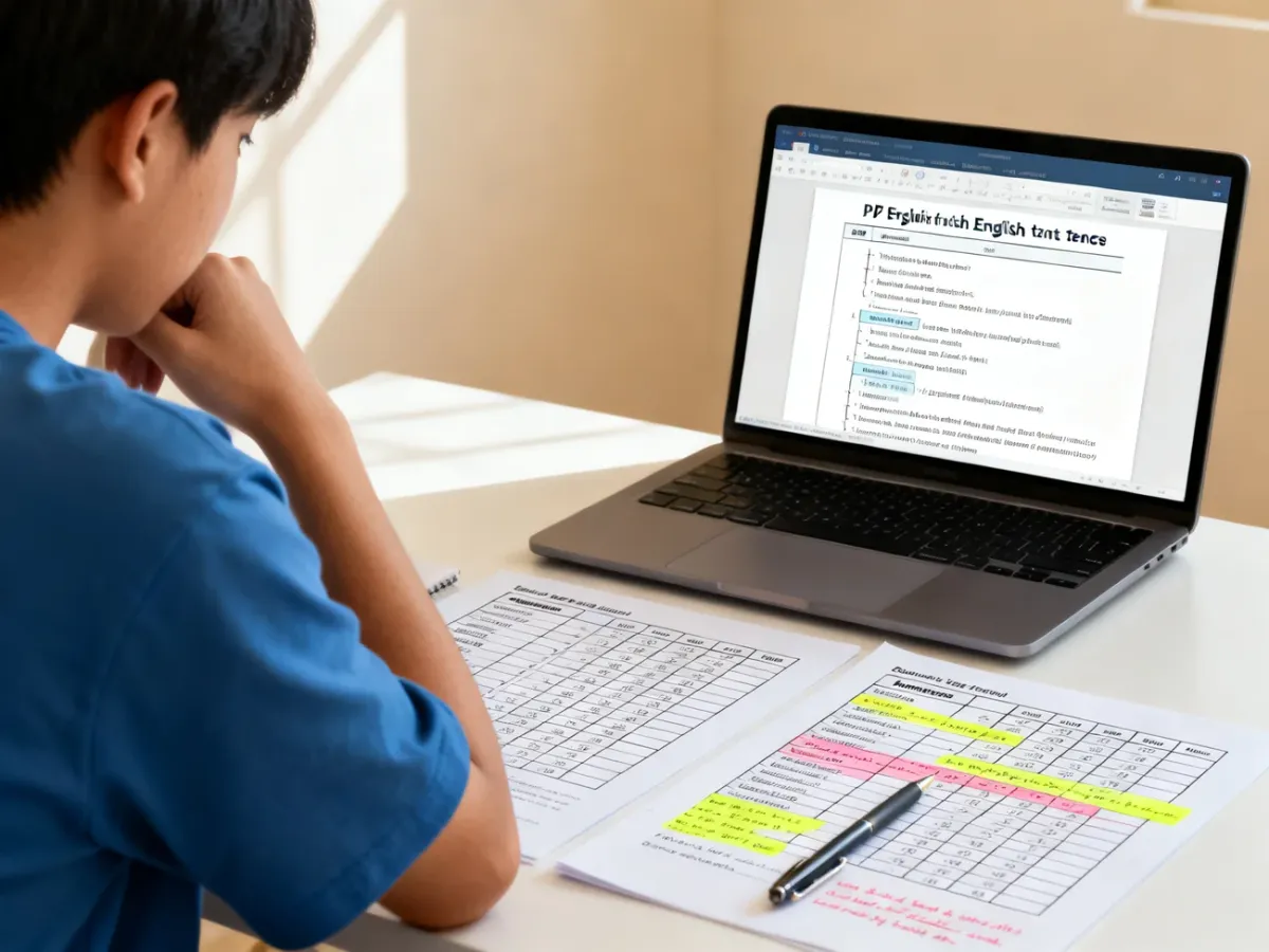 Osoba ucząca się czasów angielskich z pliku PDF przy biurku