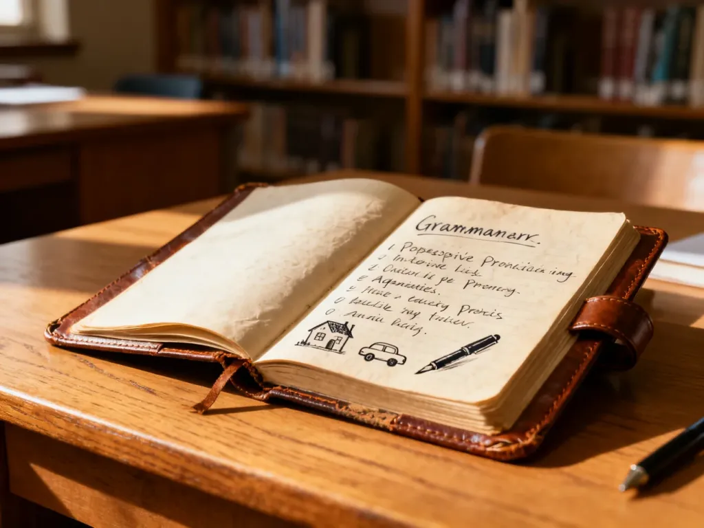 Otwarty notes z odręcznymi notatkami gramatycznymi i rysunkami przedmiotów, ilustrujący naukę angielskich zaimków.