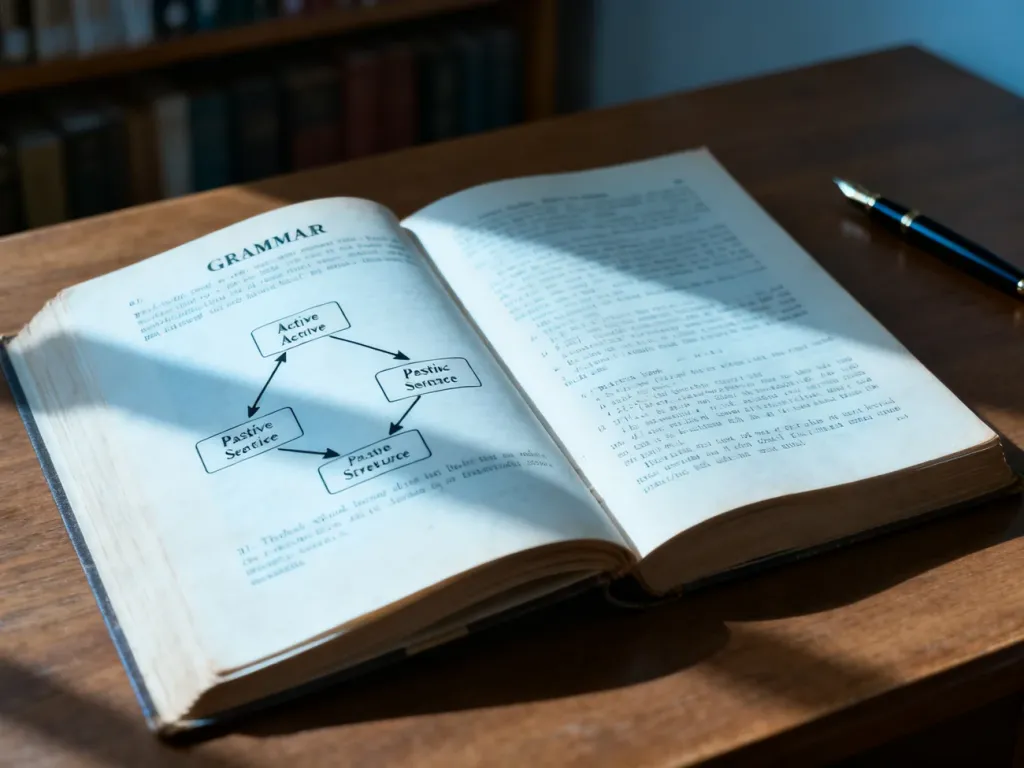 Otwarty podręcznik do gramatyki z diagramem przedstawiającym przekształcanie zdań ze strony czynnej na bierną.