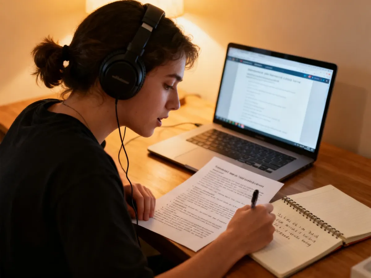 Osoba ucząca się angielskiego ćwiczy shadowing przy biurku ze słuchawkami i notatnikiem