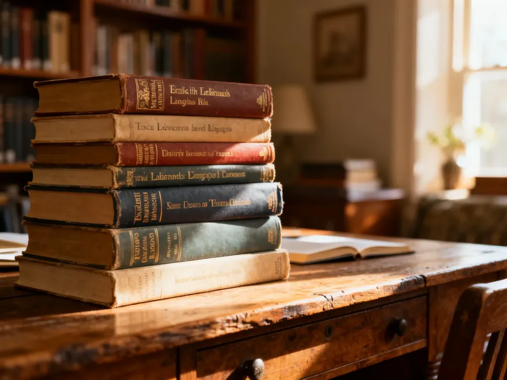 Stos książek do nauki angielskiego i klasycznej literatury na drewnianym biurku w przytulnym domowym gabinecie.