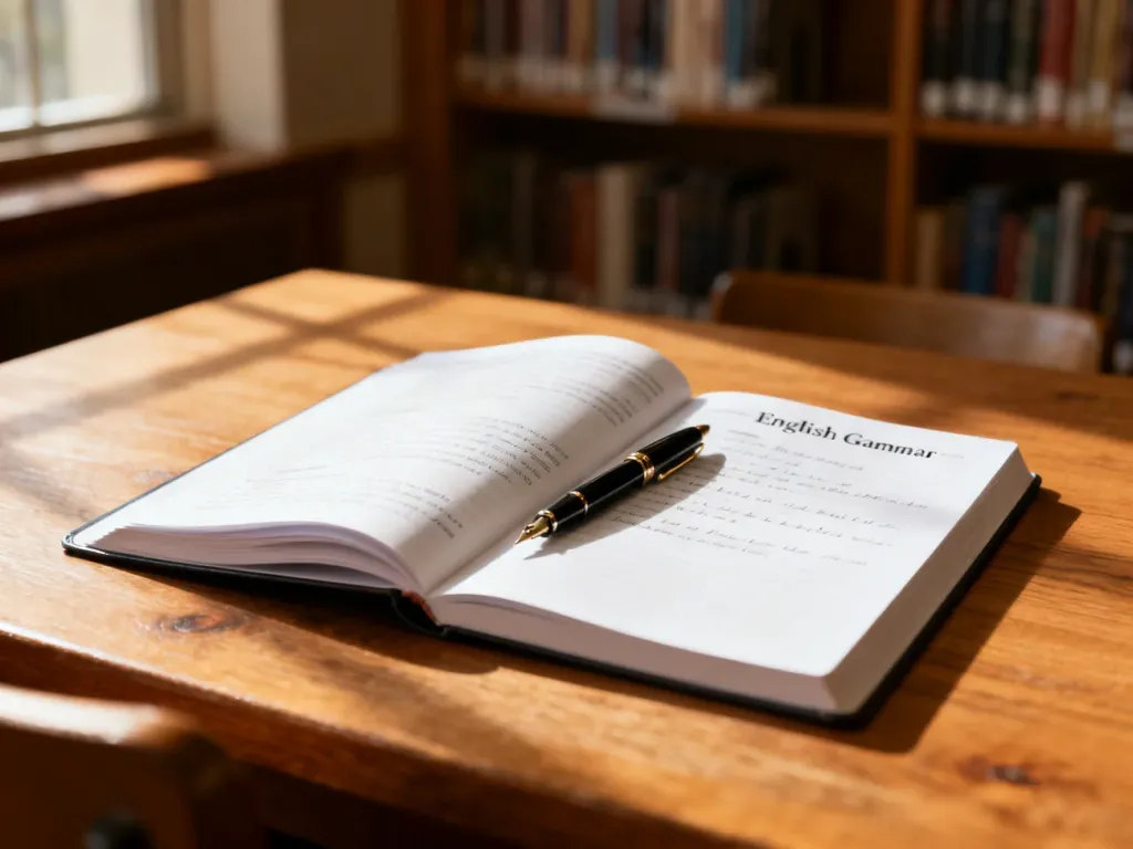 Otwarte notatki z gramatyki języka angielskiego na drewnianym biurku, zachęcające do nauki czasu present perfect.