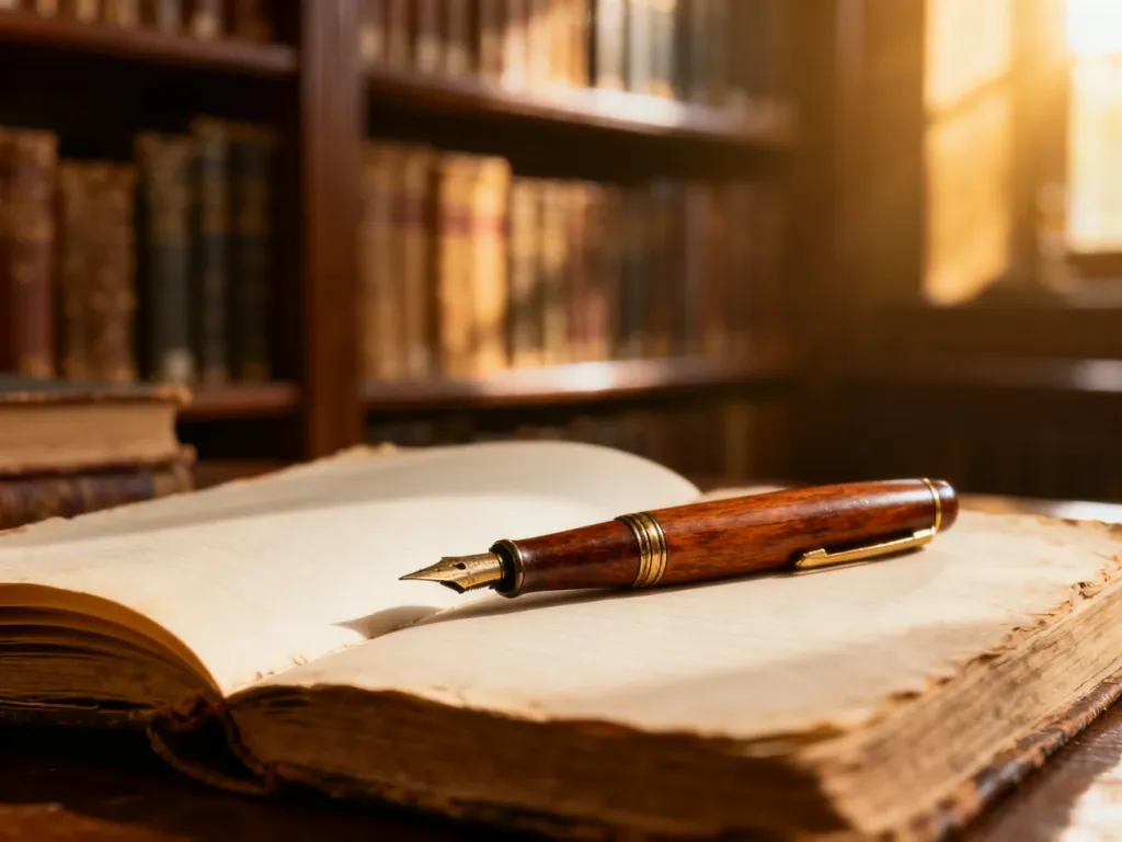 Stare pióro wieczne na otwartym notatniku w bibliotece, symbolizujące naukę języka angielskiego i pisanie w czasie Past Simple.
