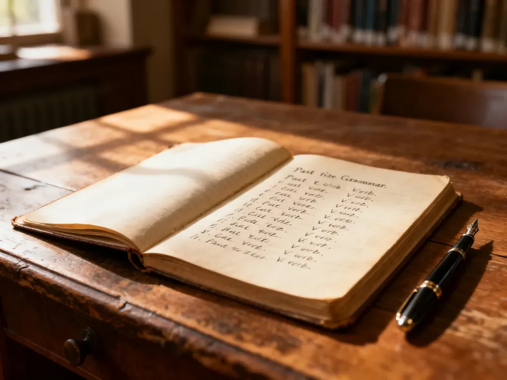Otwarty notatnik z zasadami gramatyki i piórem wiecznym na drewnianym biurku w przytulnej bibliotece.