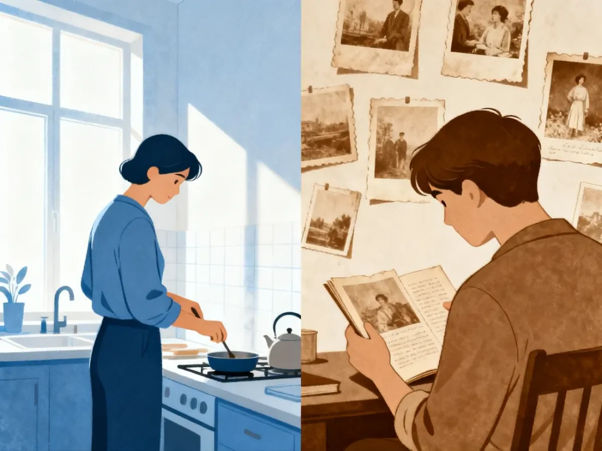 Ilustracja kontrastująca regularne czynności teraźniejsze z zakończonymi wydarzeniami z przeszłości