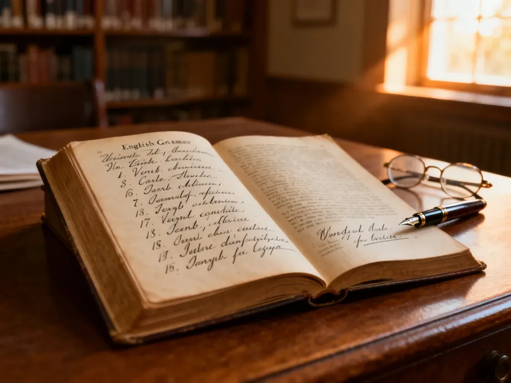 Otwarta stara książka do gramatyki z odręcznymi notatkami o czasownikach, piórem i okularami na drewnianym biurku.