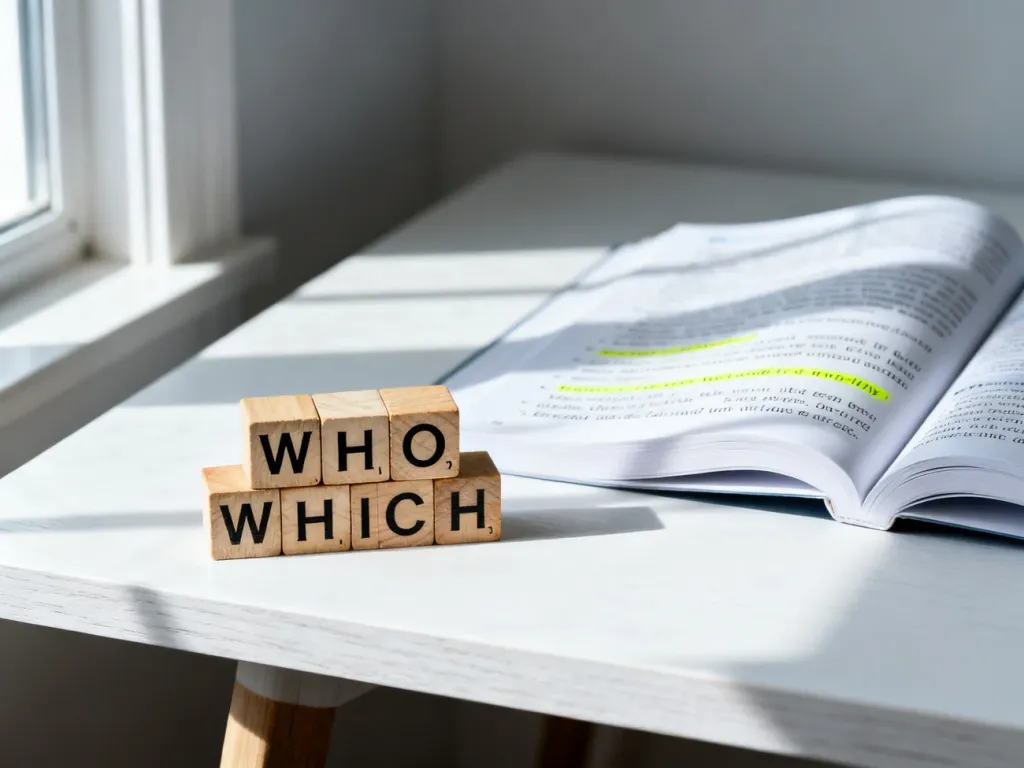 Drewniane klocki z napisami „WHO” i „WHICH” na tle podręcznika do gramatyki angielskiej, ilustrujące naukę zdań przydawkowych.