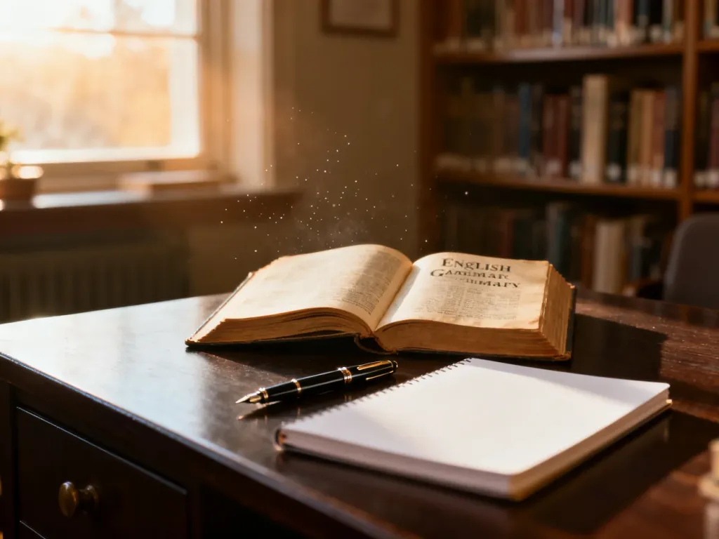 Otwarte podręczniki do gramatyki angielskiej i pióro na biurku w przytulnej bibliotece, zachęcające do nauki języka.
