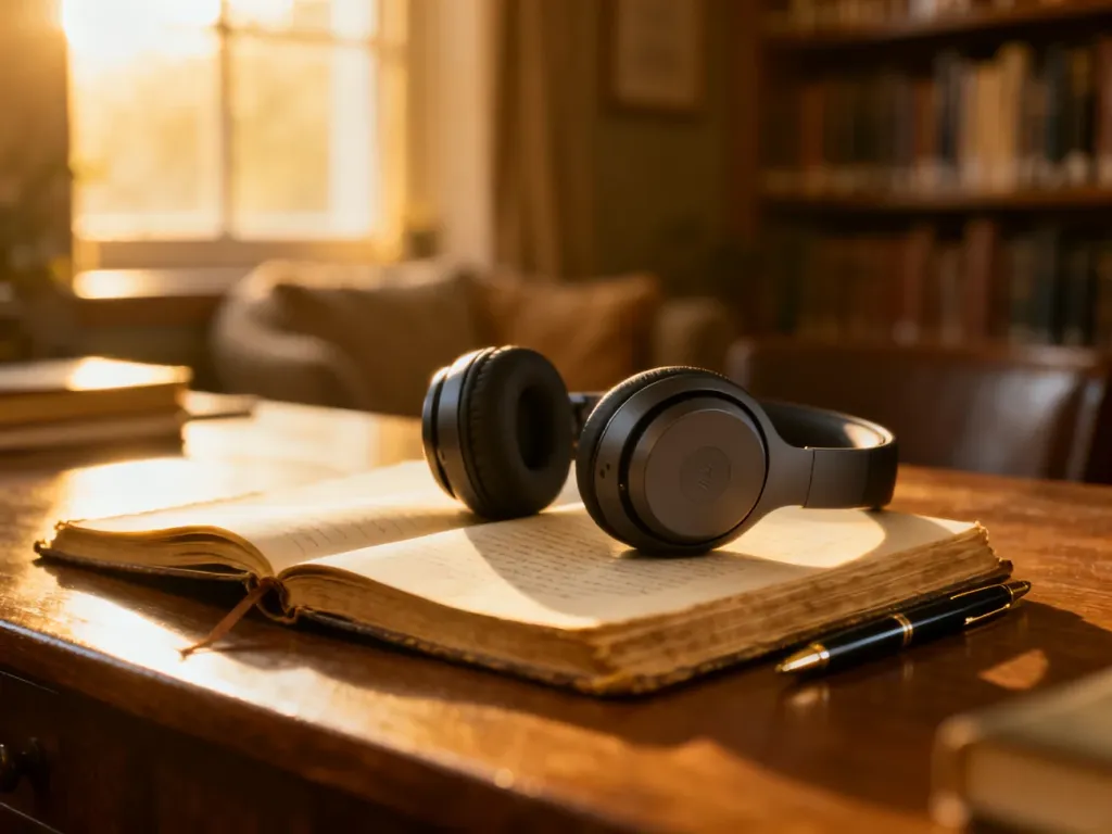 Bezprzewodowe słuchawki i notatnik na drewnianym biurku, symbolizujące naukę języka angielskiego z podcastów.