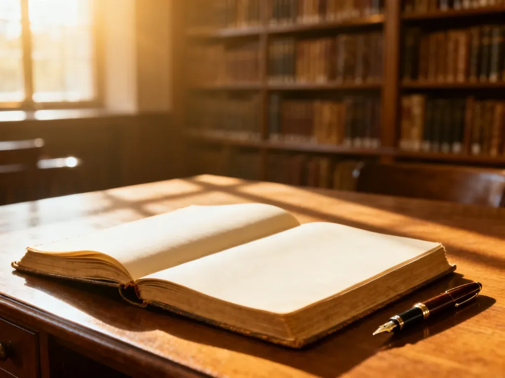 Otwarte notatnik i pióro na drewnianym biurku w bibliotece, symbolizujące naukę gramatyki języka angielskiego.