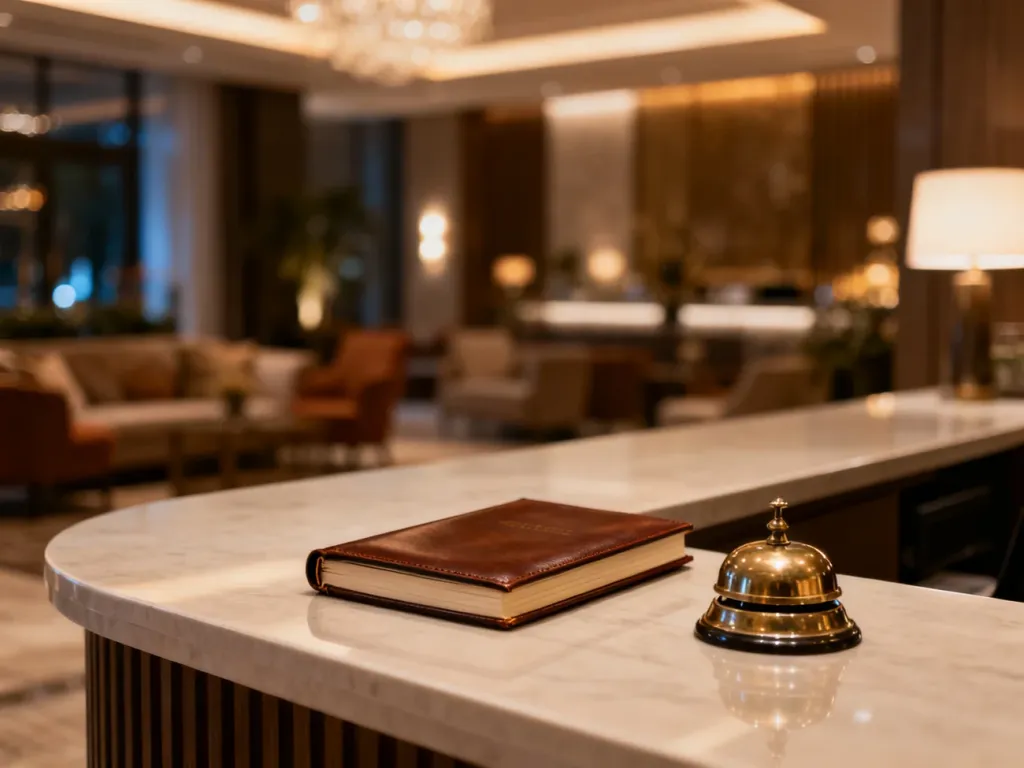 Nowoczesna recepcja hotelowa z notatnikiem i dzwonkiem, przygotowująca do rezerwacji pokoju.