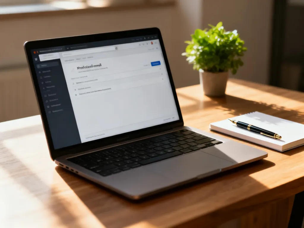 Minimalistyczne biurko z laptopem, notatnikiem i piórem, przygotowane do profesjonalnej pracy nad korespondencją e-mail.