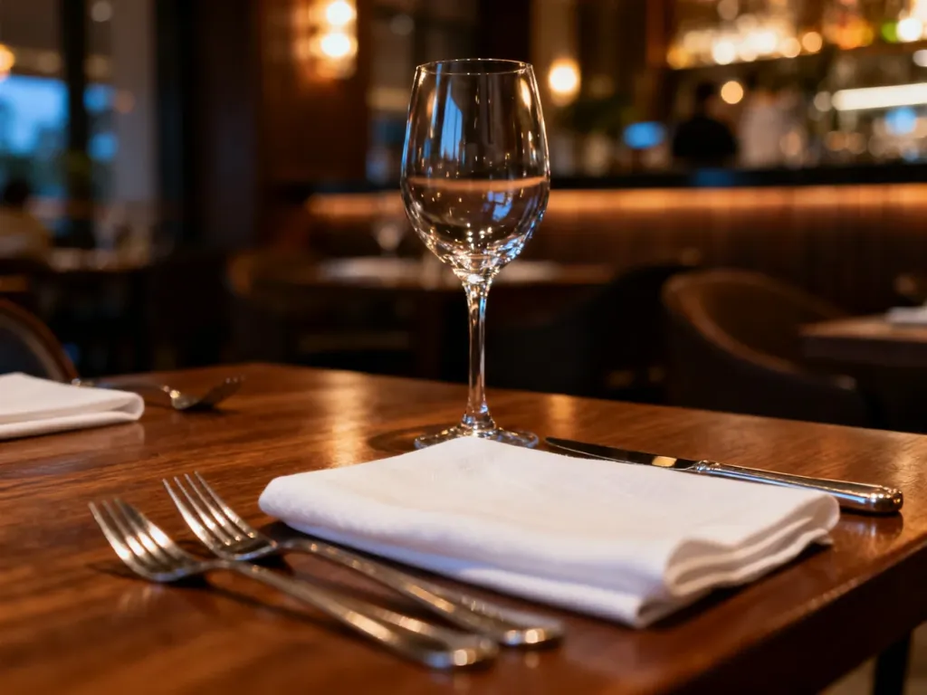 Elegancko nakryty stolik w restauracji z kieliszkiem do wina i sztućcami, tworzący przytulną atmosferę.