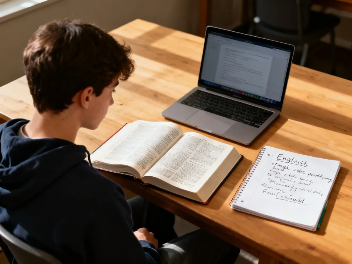Osoba ucząca się phrasal verbs przy biurku z notesem, słownikiem i laptopem