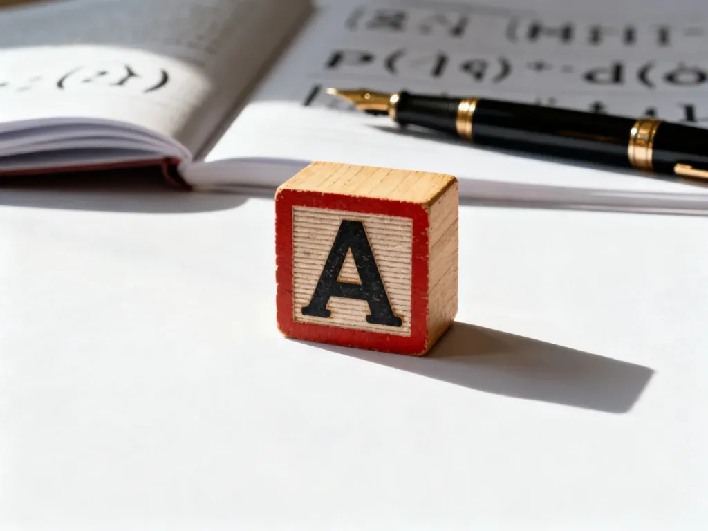 Drewniany klocek z literą „A” na tle notatnika z symbolami fonetycznymi, ilustrujący naukę wymowy angielskiego alfabetu.
