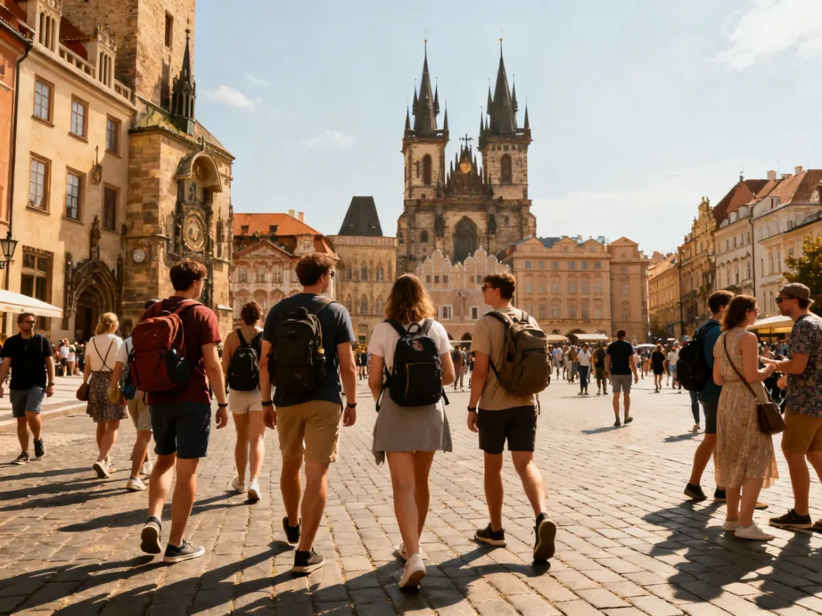 Turyści zwiedzający zabytkowe stare miasto z katedrą i historycznymi budynkami