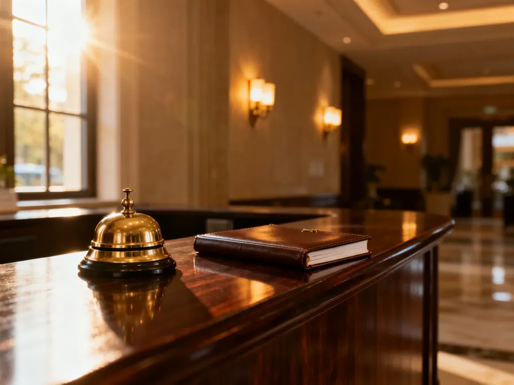 Elegancka recepcja hotelowa z dzwonkiem i księgą gości, wprowadzająca w tematykę obsługi klienta w języku angielskim.