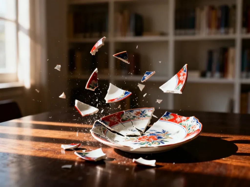 Rozbity ceramiczny talerz na drewnianym stole, ilustrujący dosłowne znaczenie czasownika frazowego „break”.
