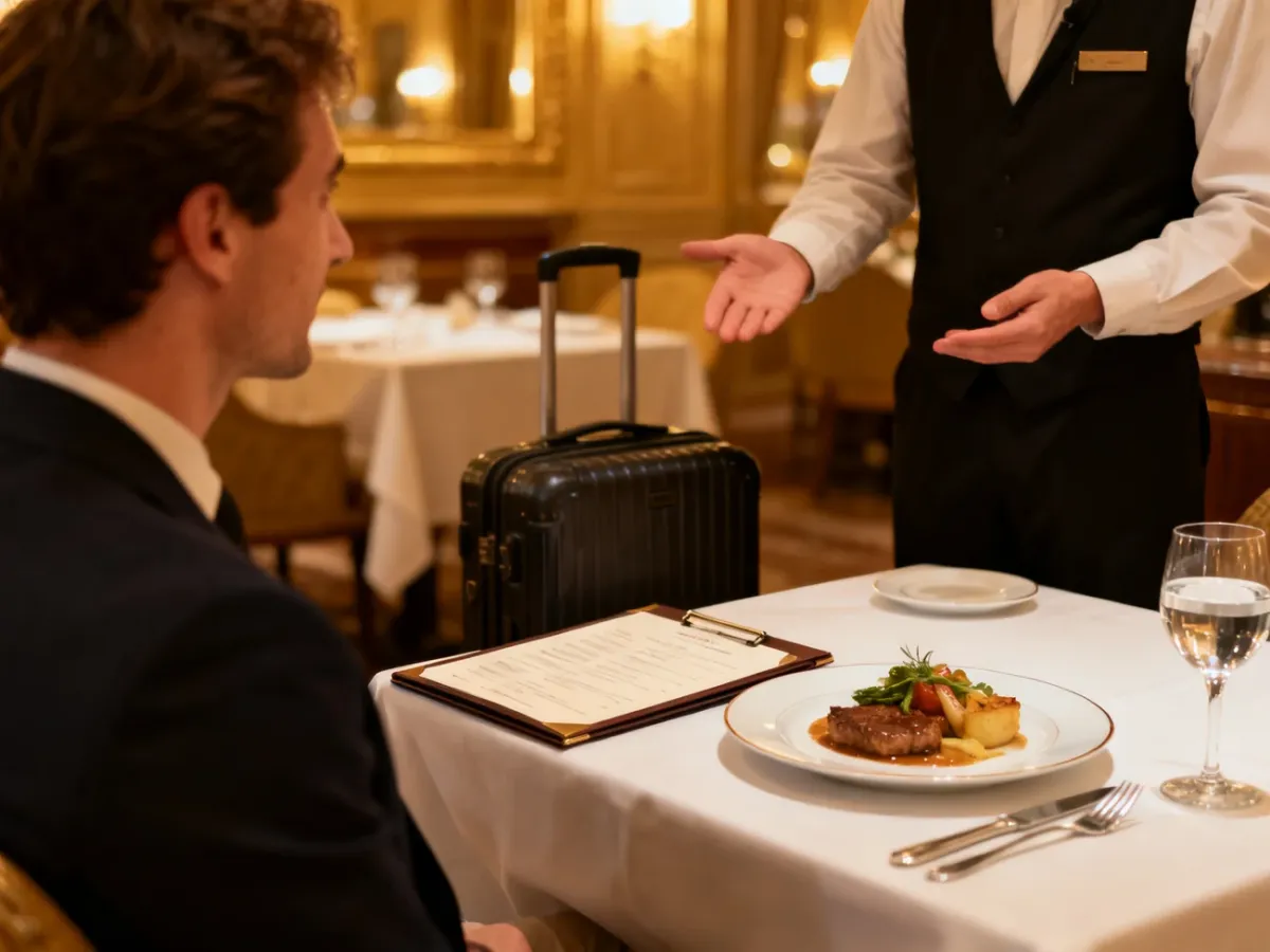 Podróżny rozmawiający z kelnerem przy nakrytym stole w restauracji