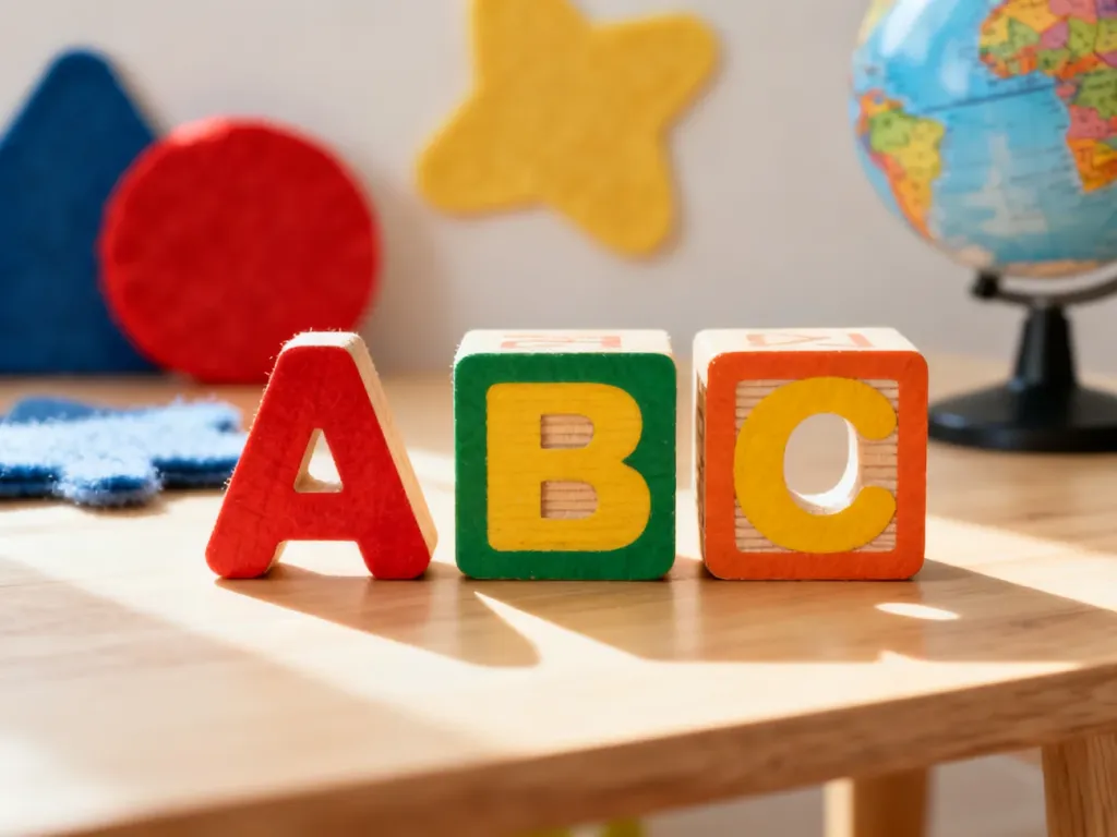 Kolorowe drewniane klocki z literami „ABC” na stole, tworzące przyjazną atmosferę do nauki języka angielskiego.