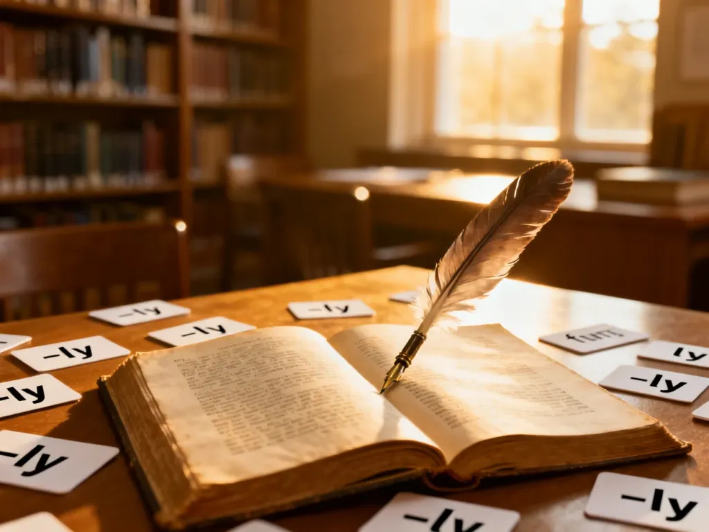 Otwarte podręczniki i fiszki z angielskimi końcówkami przysłówków na tle biblioteki, ilustrujące naukę gramatyki.