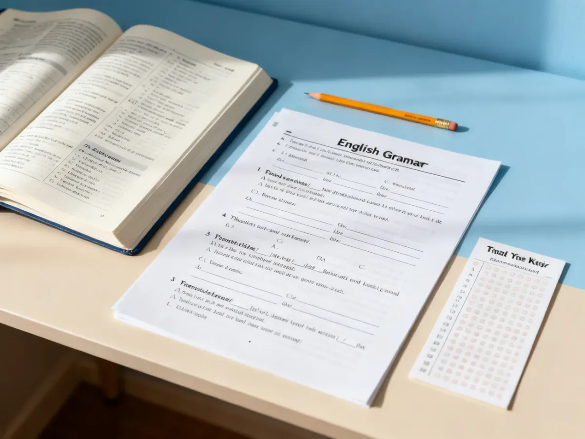 Wydrukowane ćwiczenia z gramatyki angielskiej, ołówek i klucz odpowiedzi na biurku
