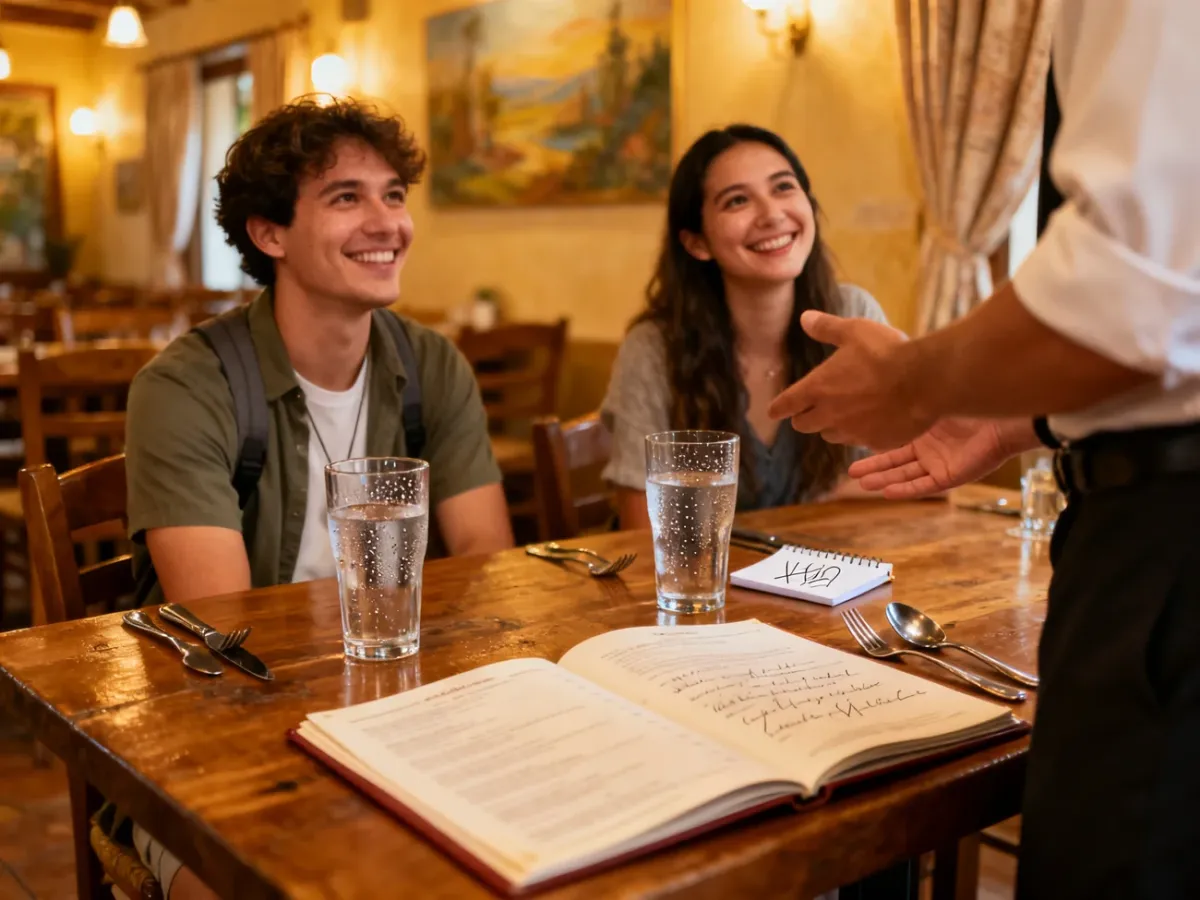 Klienci ćwiczący angielskie zwroty podczas rozmowy z kelnerem w restauracji