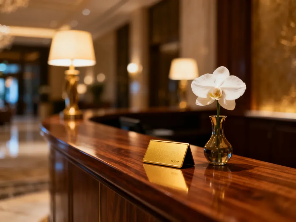Elegancka recepcja hotelowa z drewnianą ladą, złotą kartą dostępu i kwiatem, tworząca przytulną atmosferę.