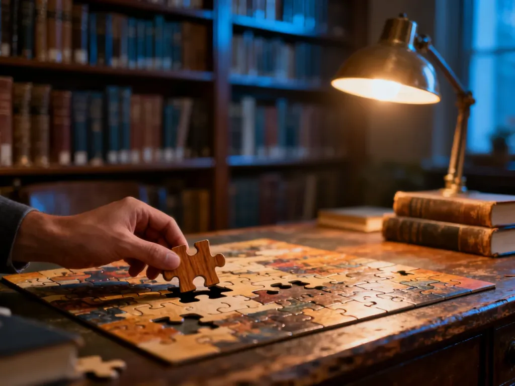 Drewniany element układanki wkładany w puzzle na biurku, symbolizujący naukę języka i rozwiązywanie problemów.