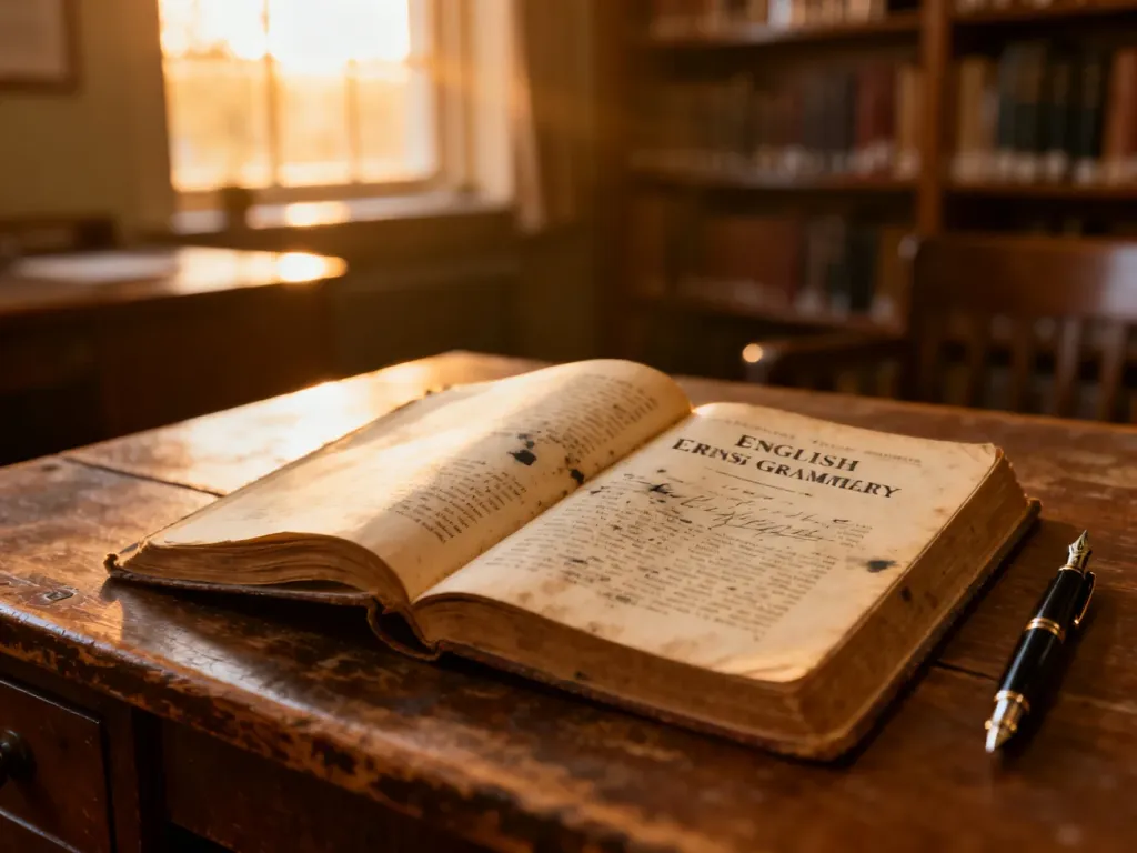 Otwarta stara książka do gramatyki angielskiej z piórem na drewnianym biurku w przytulnej bibliotece.