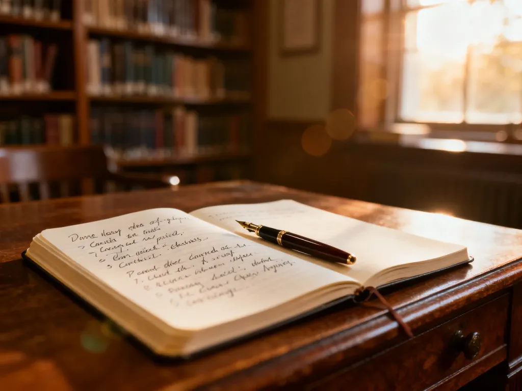 Otwarty notatnik z odręcznymi notatkami z gramatyki angielskiej na drewnianym biurku w przytulnej bibliotece.