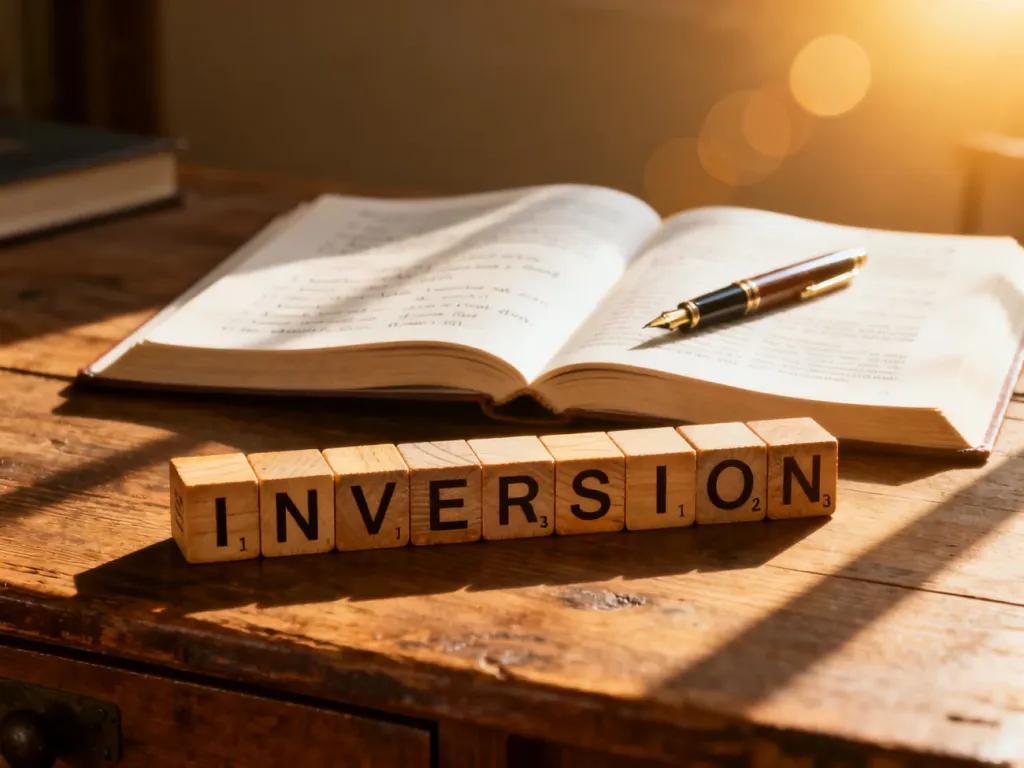 Drewniane klocki z napisem „INVERSION” na biurku obok podręcznika do angielskiego, ilustrujące zasady gramatyczne.