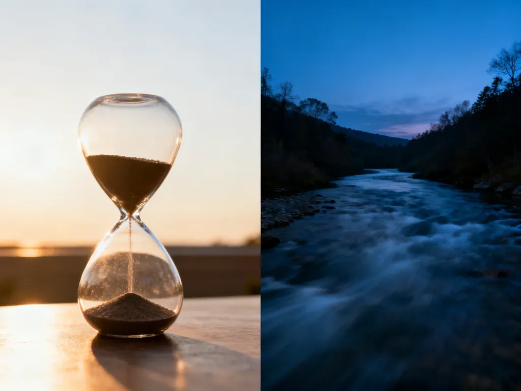 Klepsydra w świetle dziennym kontrastująca z płynącą rzeką o zmierzchu, obrazująca różnicę między Past Simple a Past Continuous.