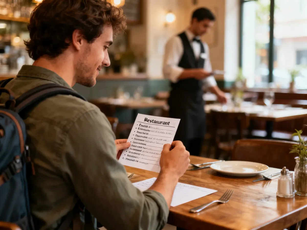 Podróżnik ćwiczący angielskie zwroty przy stoliku w restauracji