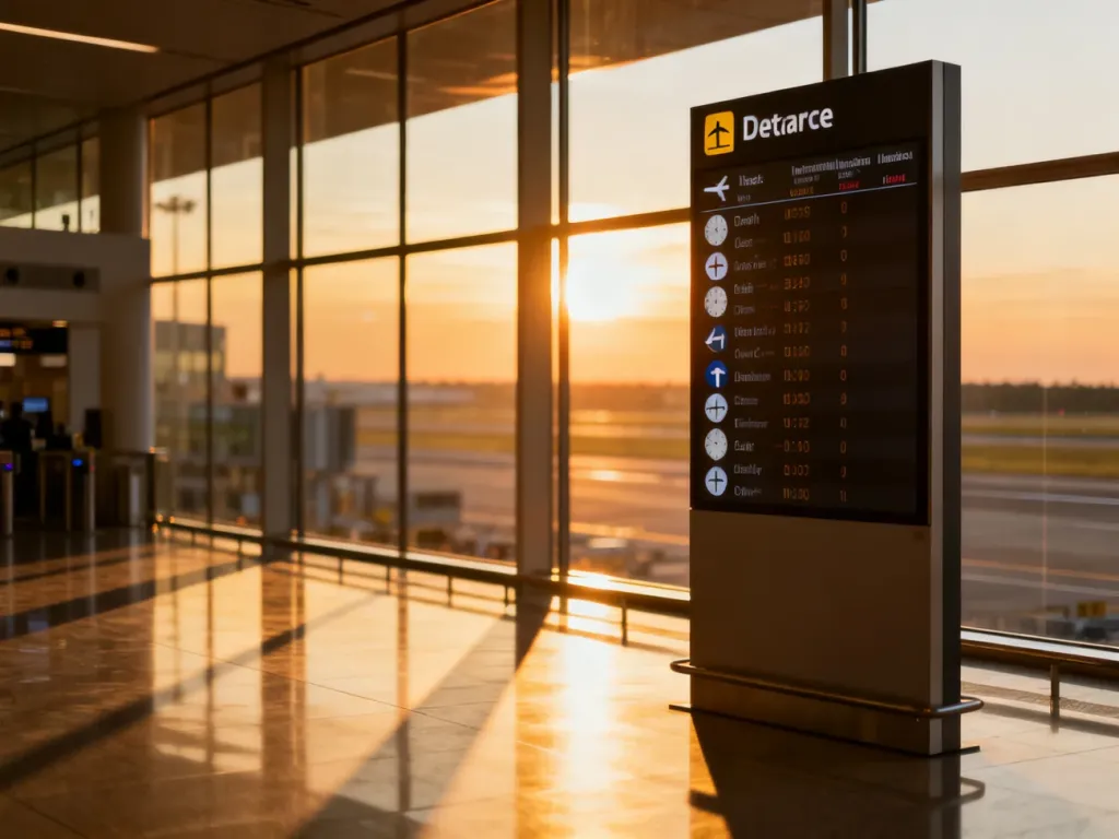 Nowoczesny terminal lotniska z tablicą odlotów o zachodzie słońca, wprowadzający w tematykę podróży lotniczych.