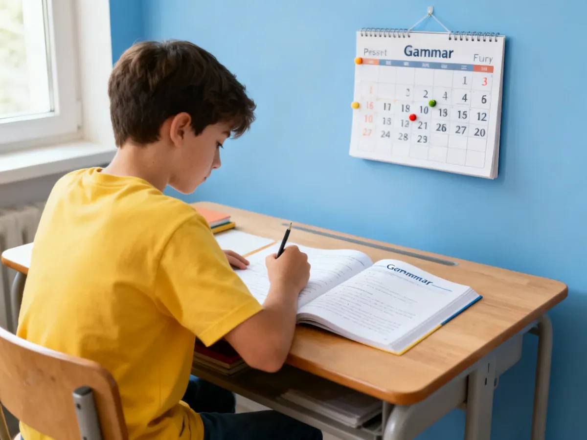 Uczeń odrabiający pracę domową podczas lekcji gramatyki angielskiej