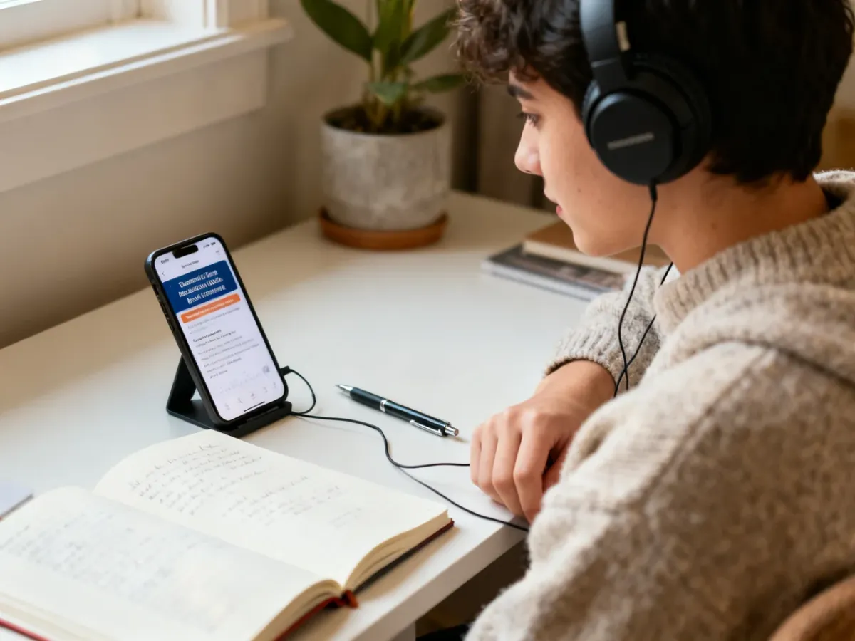 Osoba początkująca słucha angielskiego podcastu przy biurku z notatnikiem