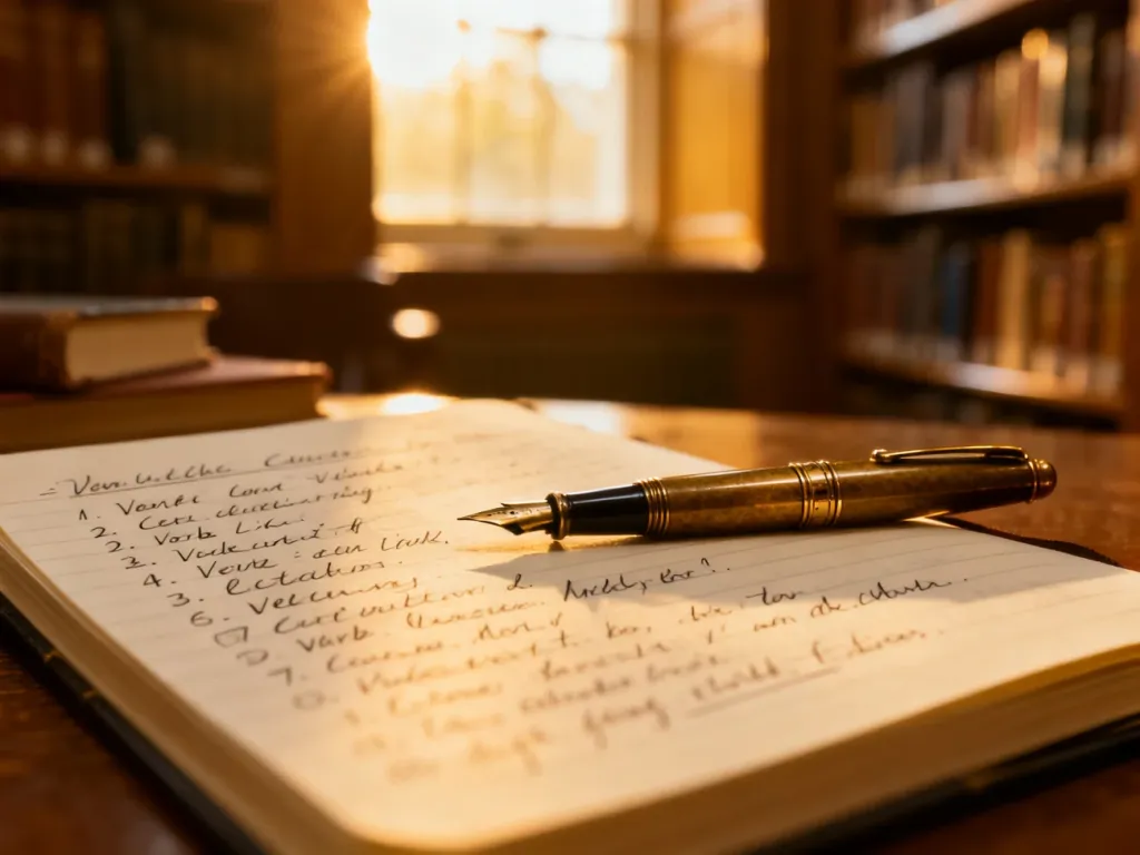 Otwarty zeszyt z ćwiczeniami z angielskiego i pióro wieczne na tle przytulnej biblioteki, ilustrujące naukę gramatyki.
