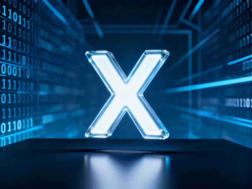 Świecący neonowy znak „X” na tle cyfrowej siatki, symbolizujący tworzenie przeczeń w czasie przyszłym.